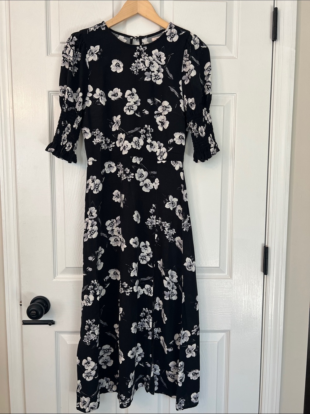 Lightweight Black Floral Midi Dress with Smocked Elbow Sleeves
